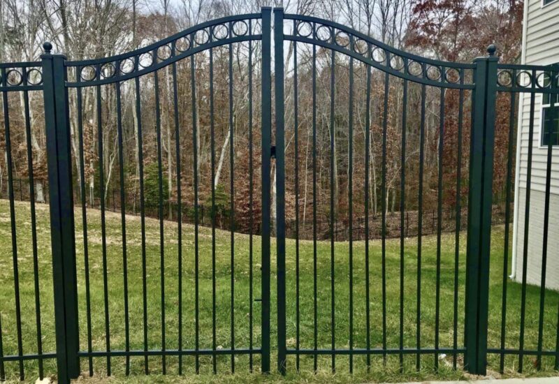Bay Breeze Textured Black Bay Breeze Estate Arched Gate with Rings & Ball Caps