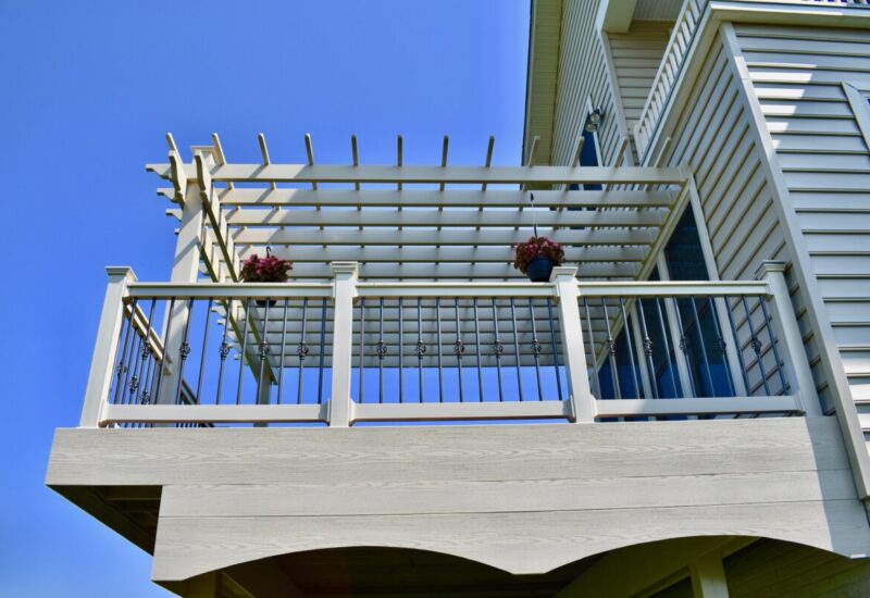 100 Series Almond 100 Series with Bronze Aluminum Balusters & Almond Westport Attached Pergola